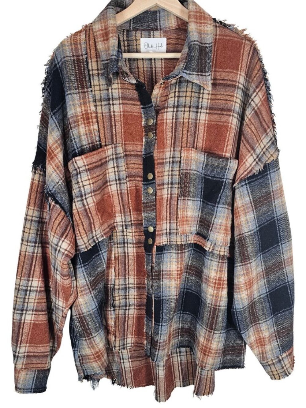 Oli & Hali Mixed Patchwork Plaid Raw Frayed Hem Shacket L - XL Boho Western